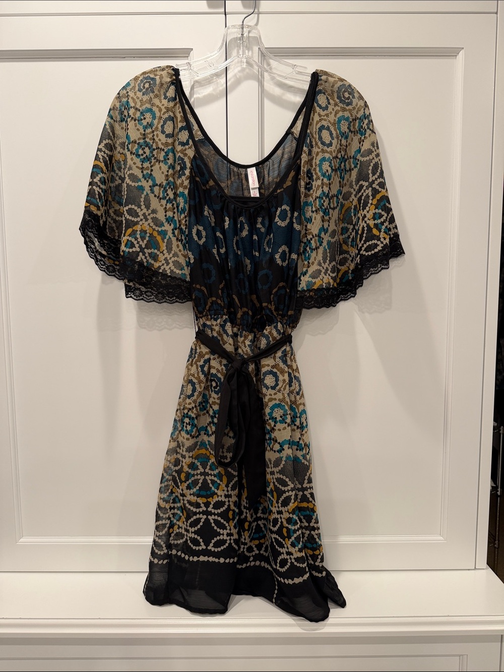 Xhilaration Black Sheer Dress with Teal and Tan Pattern